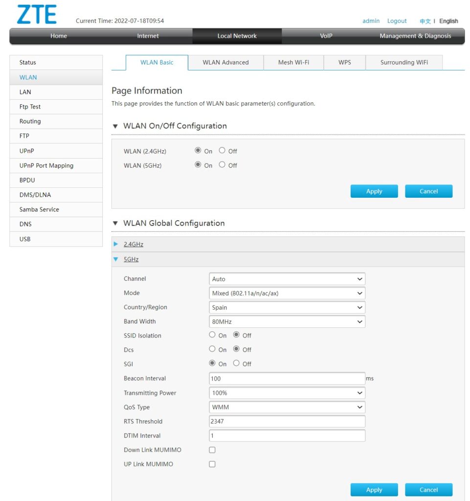 WLAN 5Ghz Mode